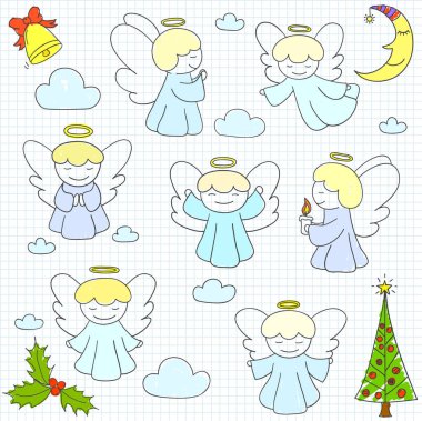 Topluluğu vektör Noel melekler ve süsler içinde st doodle