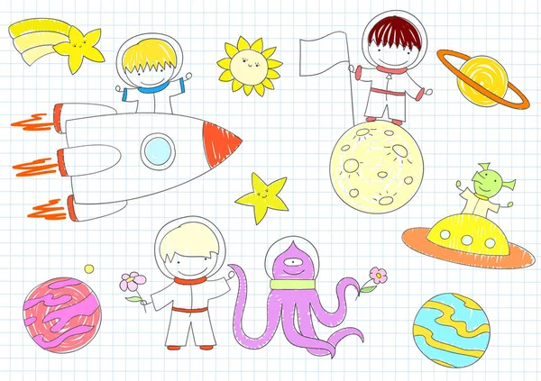 与快乐的男孩和外星人矢量草图 — 图库矢量图片