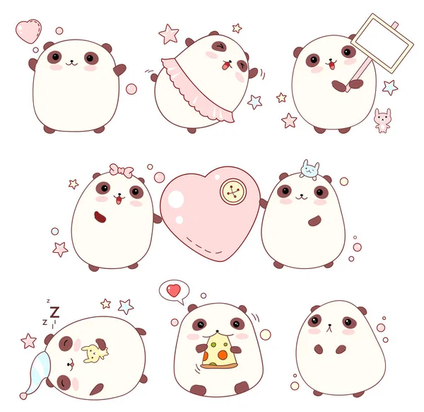 Ensemble de pandas mignons dans le style kawaii — Image vectorielle