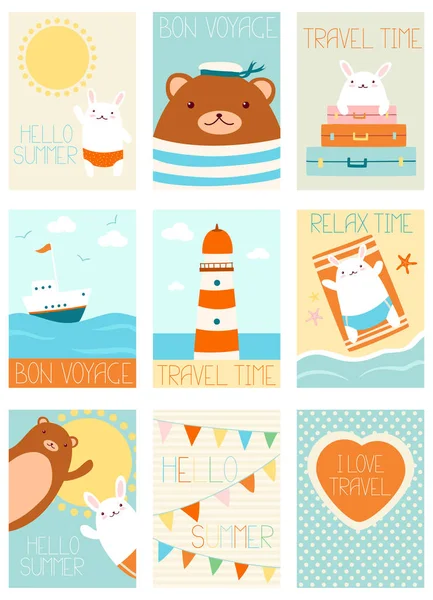 Set of vacation travel banners with cute bear and rabbit — Stock Vector