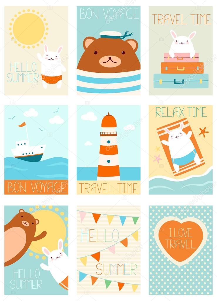 Set of vacation travel banners with cute bear and rabbit