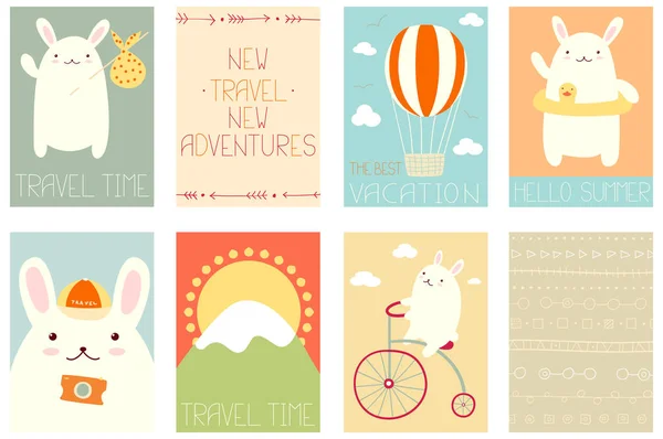 Set of vacation travel banners with cute rabbit — Stock Vector