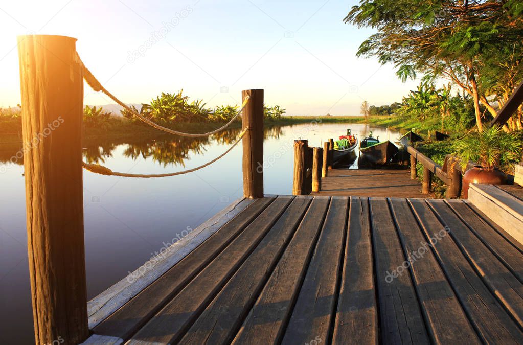 View with a wooden jetty, Inle Lake, Myanmar (Burma)