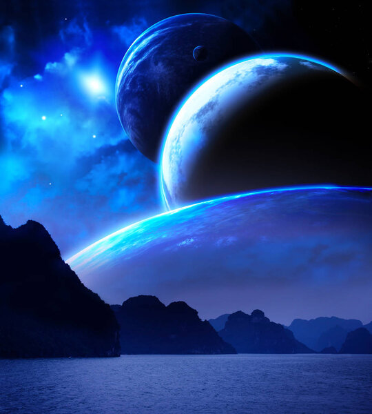 Landscape in fantasy planet. Sea, mountains, planets and nebula. Elements of this image furnished by NASA. 3d render
