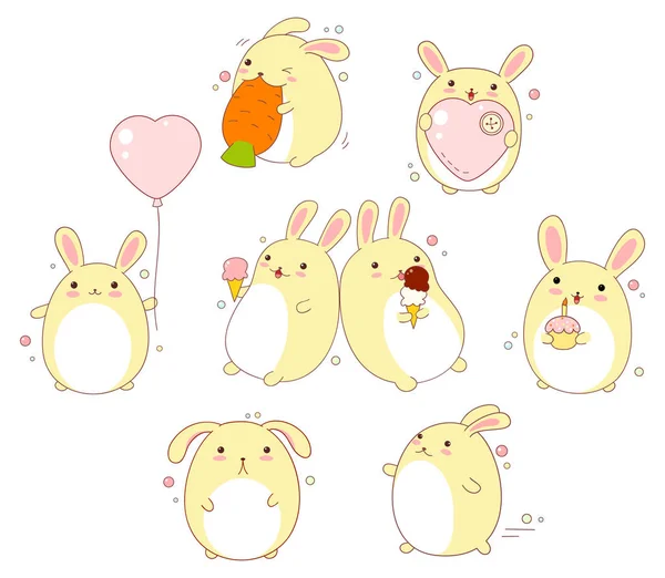 Set of cute rabbits in kawaii style — Stock Vector