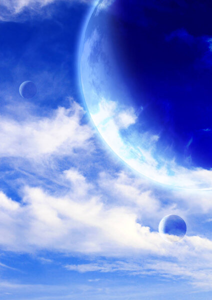 Fantastic sky with white clouds and three planets. 3d render