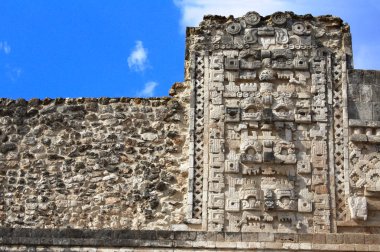 Tanrı Chaac maskeleri, Uxmal, Yucatan, Meksika ile antik duvar