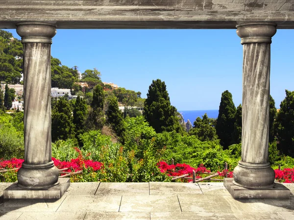 Columns and top view on landscape of Capri island, Italy — Stock Photo, Image