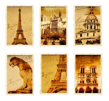 Collection of retro grunge cards with landmarks of Paris clipart