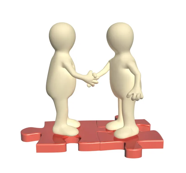 Handshake two 3d mans on attached parts of puzzles — Stock Photo, Image