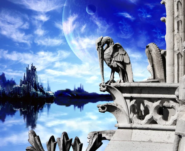 Beautiful fantasy landscape with old stone statue of pelican — Stock Photo, Image