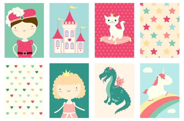 Conjunto de pancartas con lindos personajes de cuento de hadas — Vector de stock