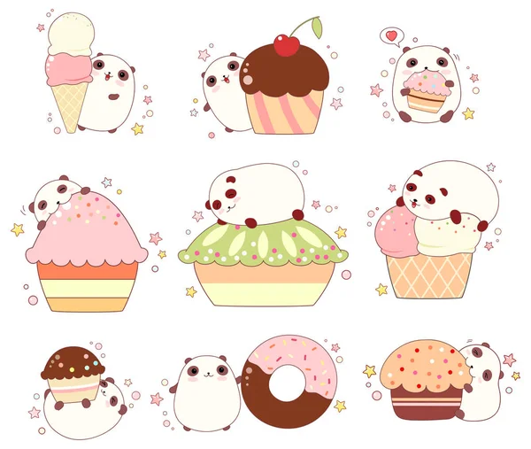 Set di simpatici panda con gelato e cupcake — Vettoriale Stock