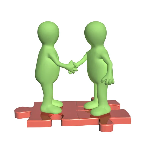 Handshake two 3d mans on attached parts of puzzles — Stock Photo, Image