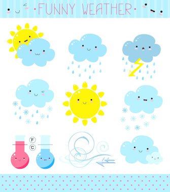 Set of a cute vector weather icons in kawaii style clipart