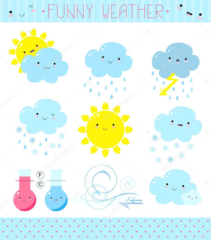 Set of a cute vector weather icons in kawaii style