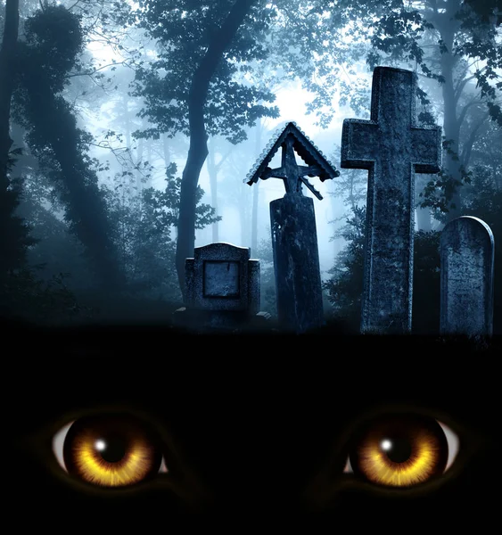 Monster ögon, medeltida sten kors och gravstenar, cemetery i — Stockfoto