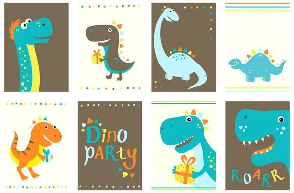 Coleção de banners de aniversário com dinossauros bonitos — Vetor de Stock