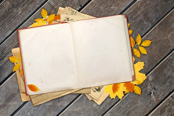 Oud boek en Herfstbladeren op houten planken — Stockfoto