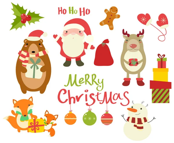 Noel karakterler - sevimli hayvanlar ve Santa Clau koleksiyonu — Stok Vektör