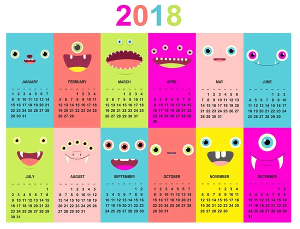 Ежемесячный календарь 2018 с милыми лицами монстров — стоковый вектор