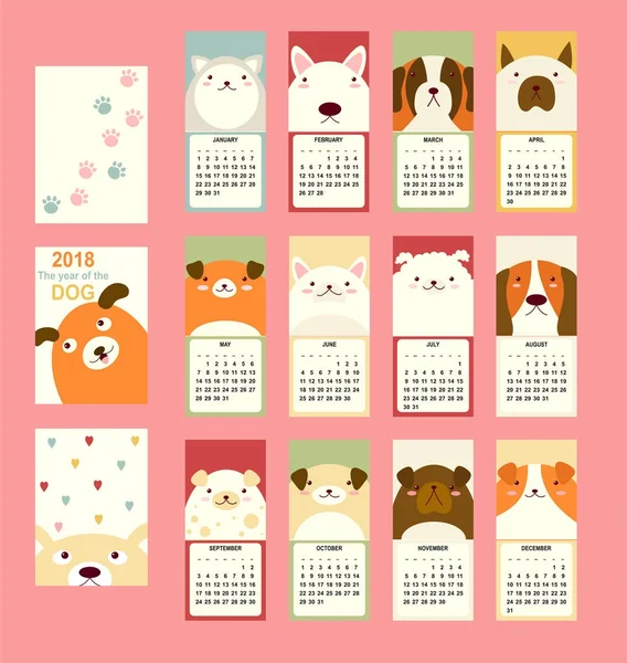Μηνιαίο Ημερολόγιο 2018 με χαριτωμένο σκυλί — Διανυσματικό Αρχείο