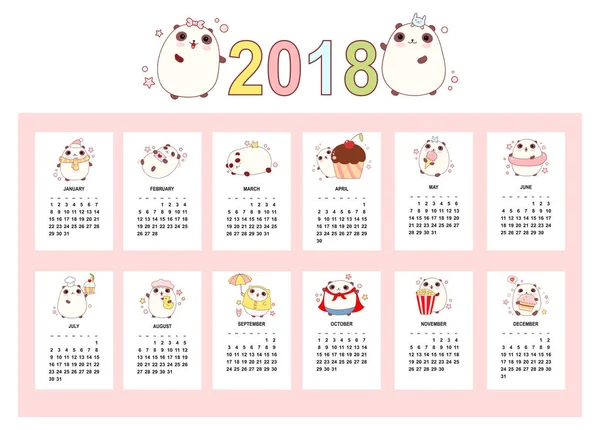 Щомісячний календар 2018 з милими пандеміями — стоковий вектор