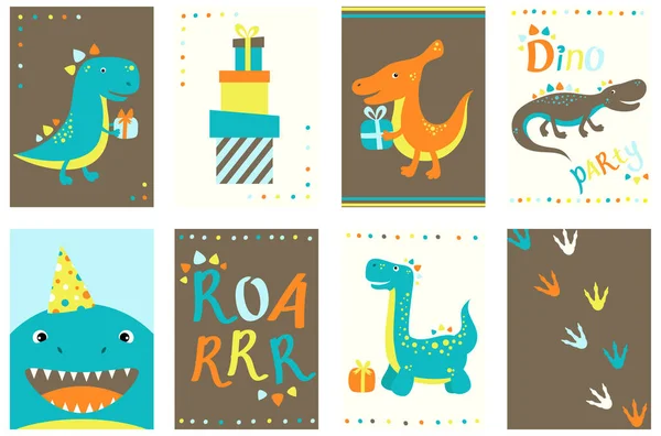 Coleção de banners de aniversário com dinossauros bonitos — Vetor de Stock