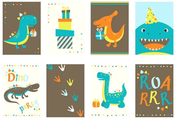 Collection of birthday banners with cute dinosauros — Stock Vector