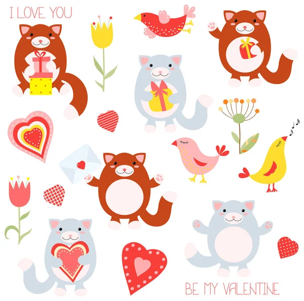 Valentine set with cute cats and birds — Stock Vector