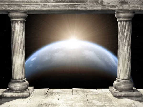 Frame met twee middeleeuwse kolommen en ruimte scène met planeet — Stockfoto