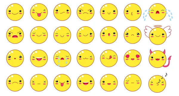 Funny kawaii estilo emoticono emoticonos conjunto — Vector de stock
