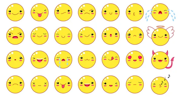 Funny kawaii estilo emoticono emoticonos conjunto — Archivo Imágenes Vectoriales