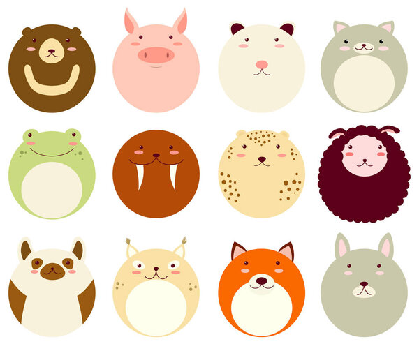 Set of round avatars icons with faces of cute animals