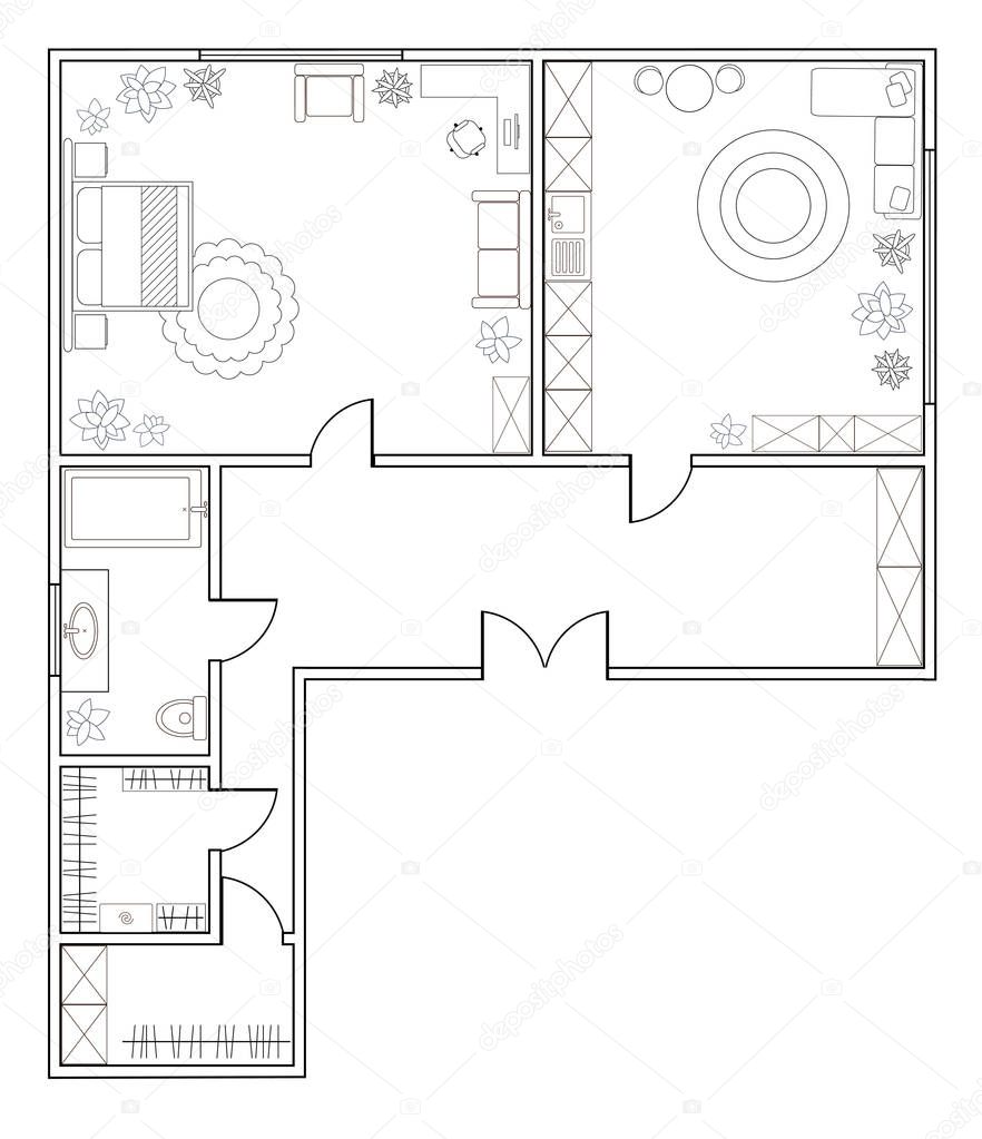 Abstract vector plan of one-bedroom apartment