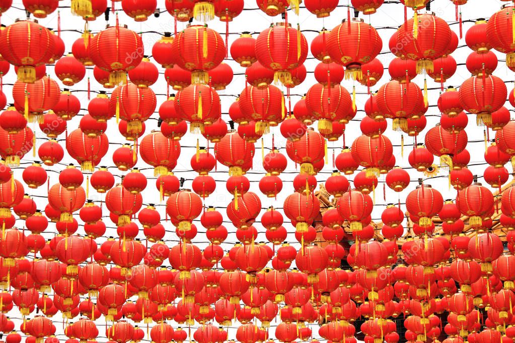 Many traditional red lanterns during Chinese new year festival