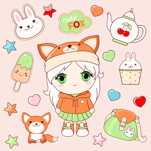 Set of cute stickers in kawaii style — Stock Vector