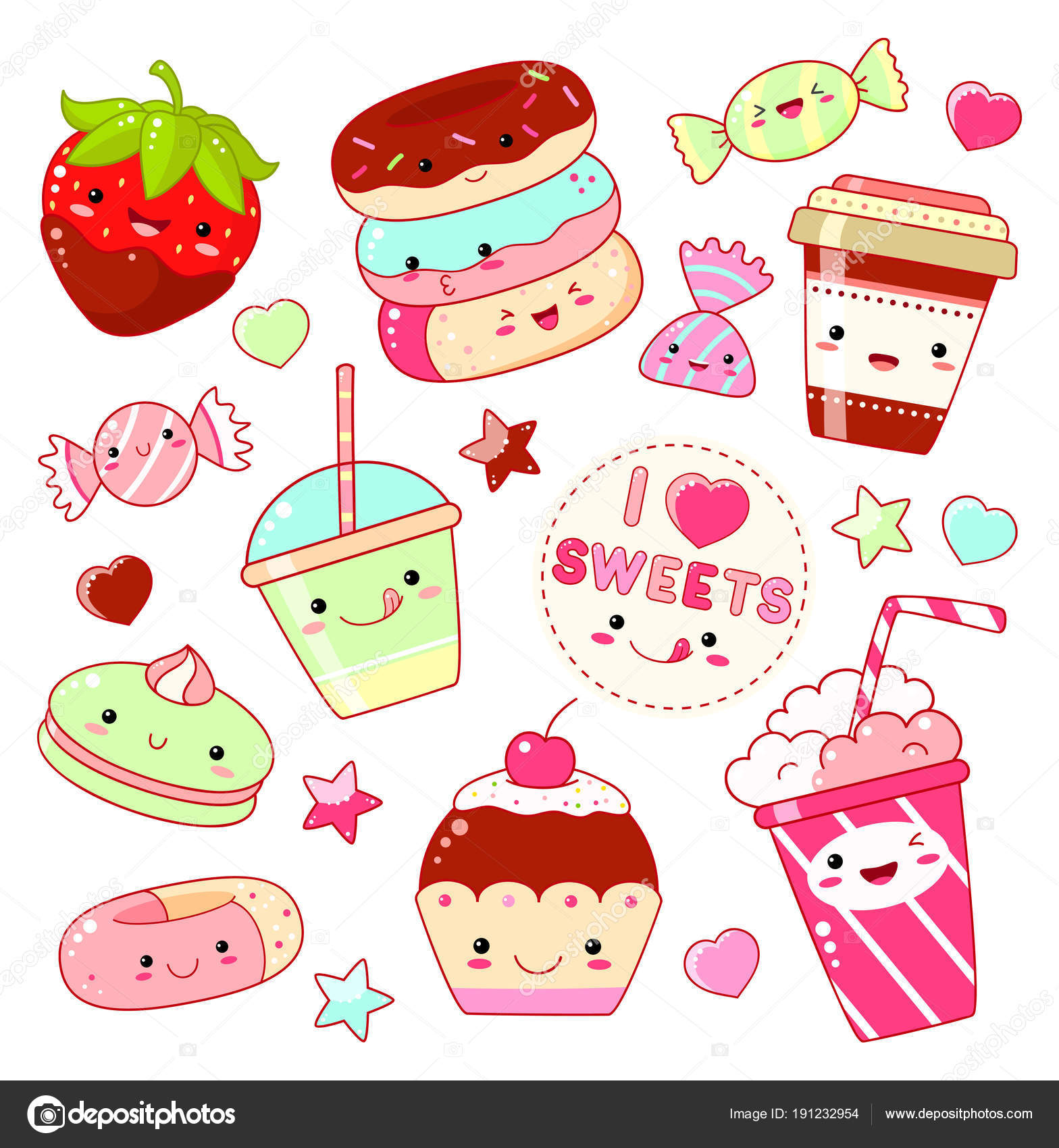 Set of Fun Stickers Desserts Kawaii Bakery Food Stock Vector