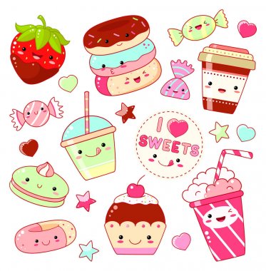 Kawaii tarzında şirin ikonlar. 