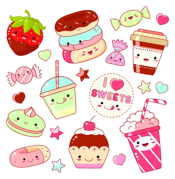 Conjunto de lindos iconos dulces en estilo kawaii — Vector de stock