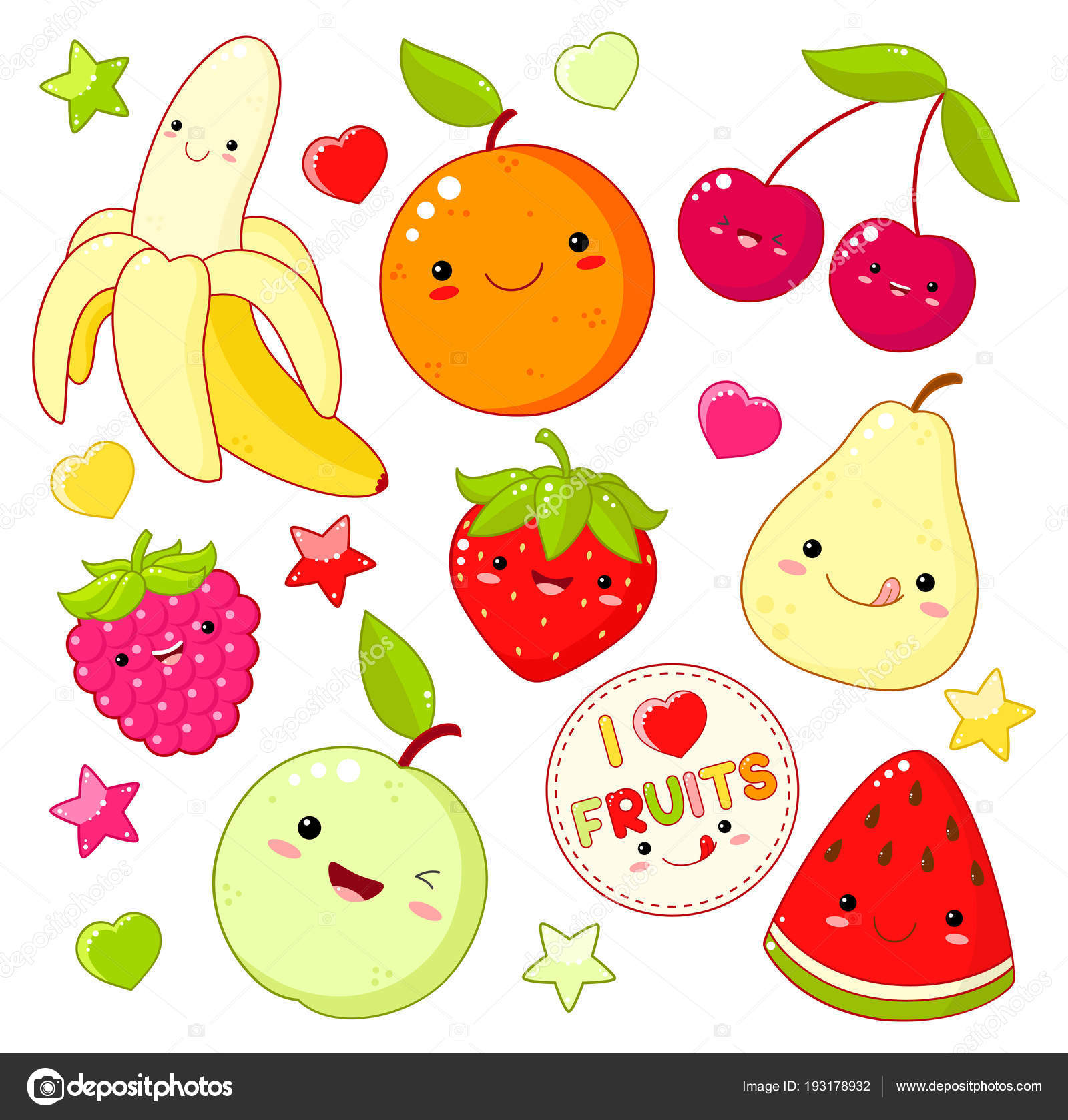 Kawaii frutas e nozes personagens bonitos ícones conjunto imagem