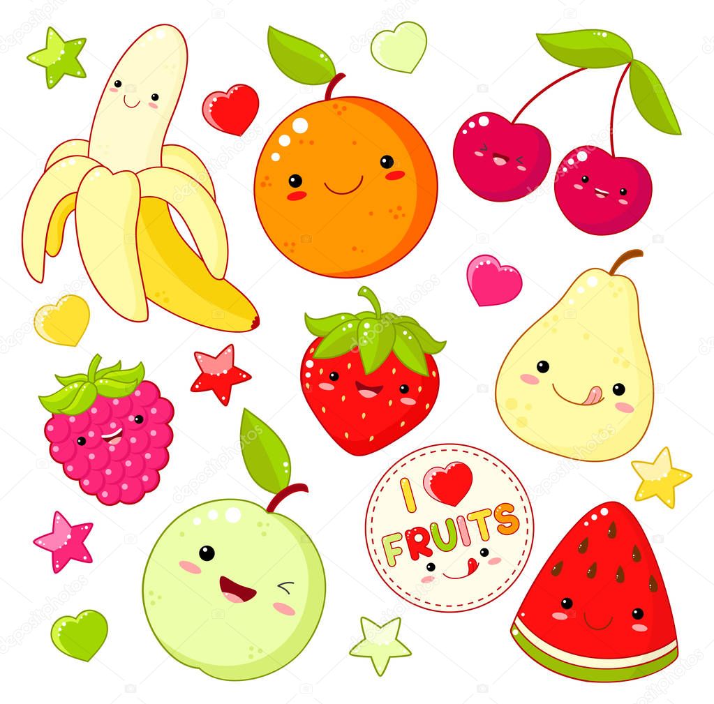 Set of cute sweet fruit icons in kawaii style 