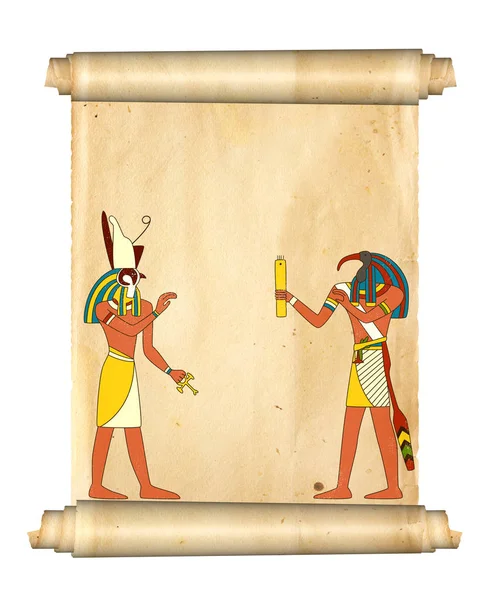Vieux parchemin avec des images des dieux égyptiens Toth et Horus — Photo