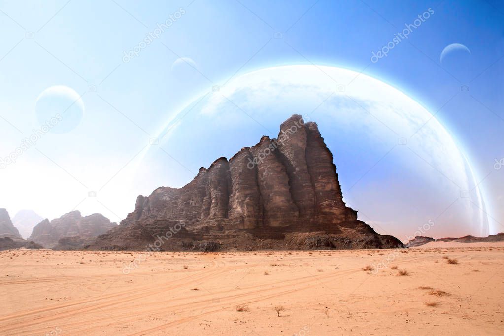 landscape with sand desert, rock and planets in sky