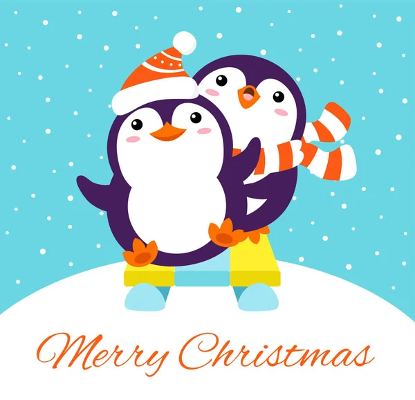 Xmas card with two cute cartoon penguins riding on sleigh — Stock vektor