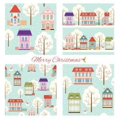 Set of seamless Christmas patterns with cute houses in retro sty clipart