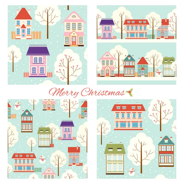 Set of seamless Christmas patterns with cute houses in retro sty — Stock Vector