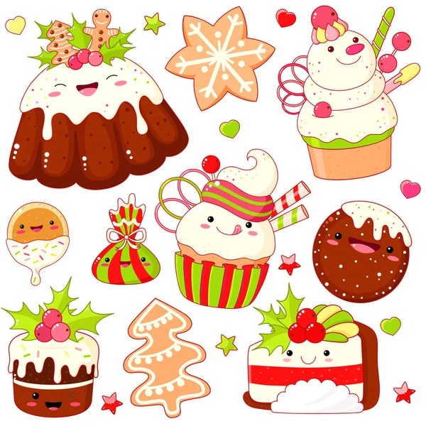 Conjunto de lindos iconos dulces de Navidad en estilo kawaii — Vector de stock