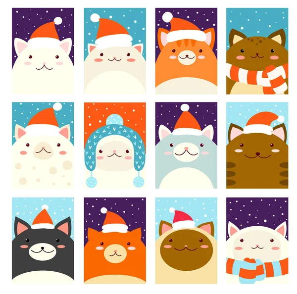 Ensemble d'étiquette cadeau de Noël, carte, insigne, autocollant avec des chats mignons — Image vectorielle