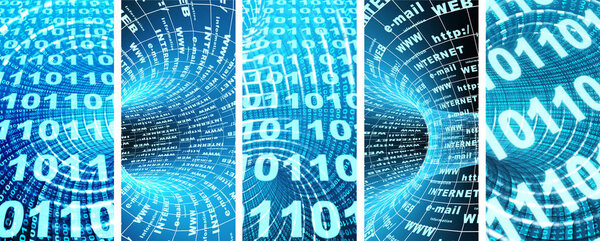 Set of vertical banners with abstract blue tunnel and binary cod